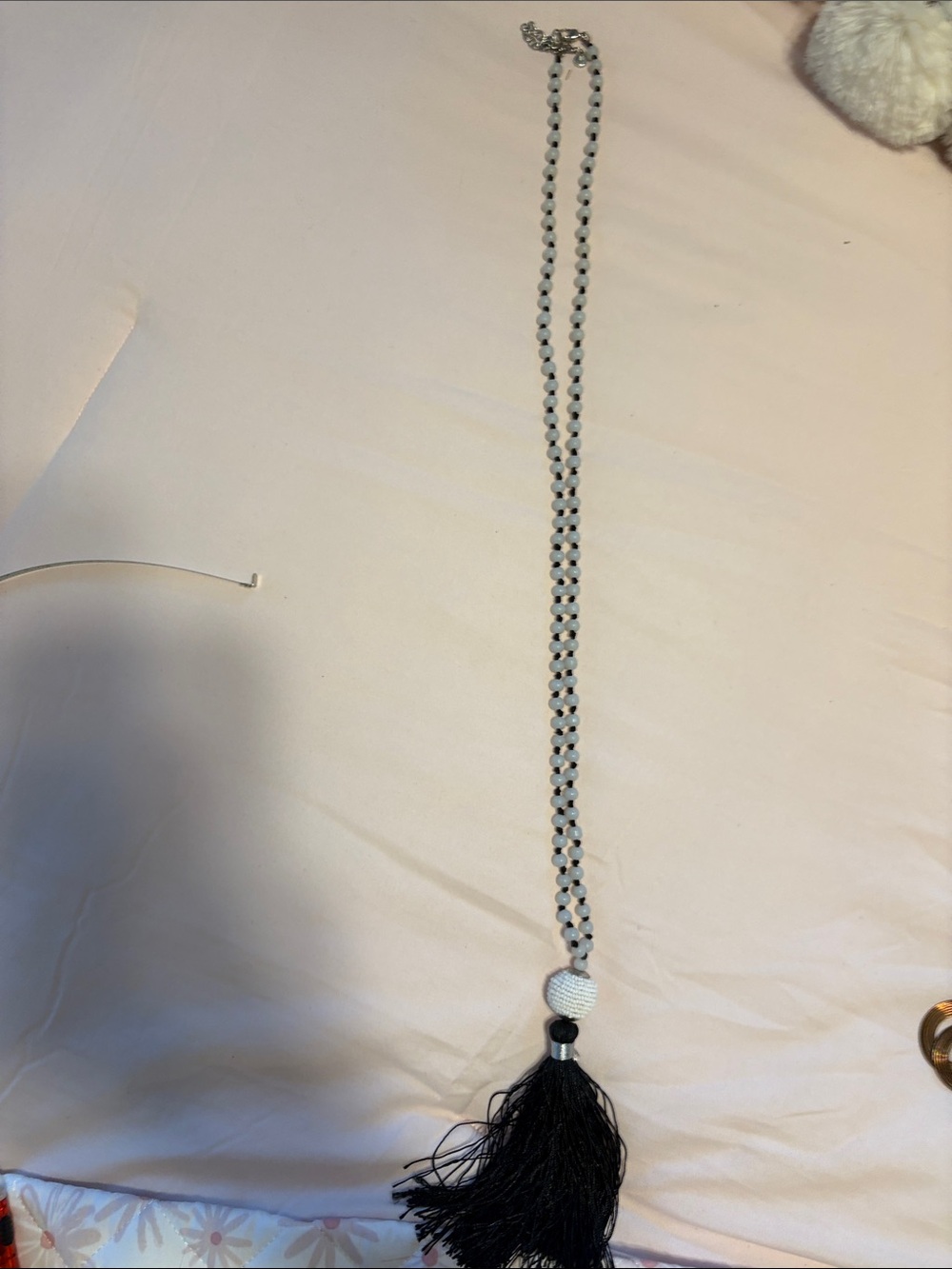 belk Black and White Beaded Tassel Pendant Necklace